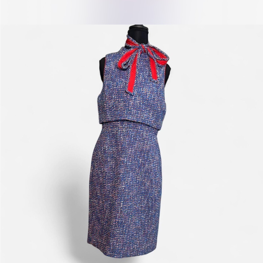 J. Crew Blue Tweed Midi Dress with Red Belt